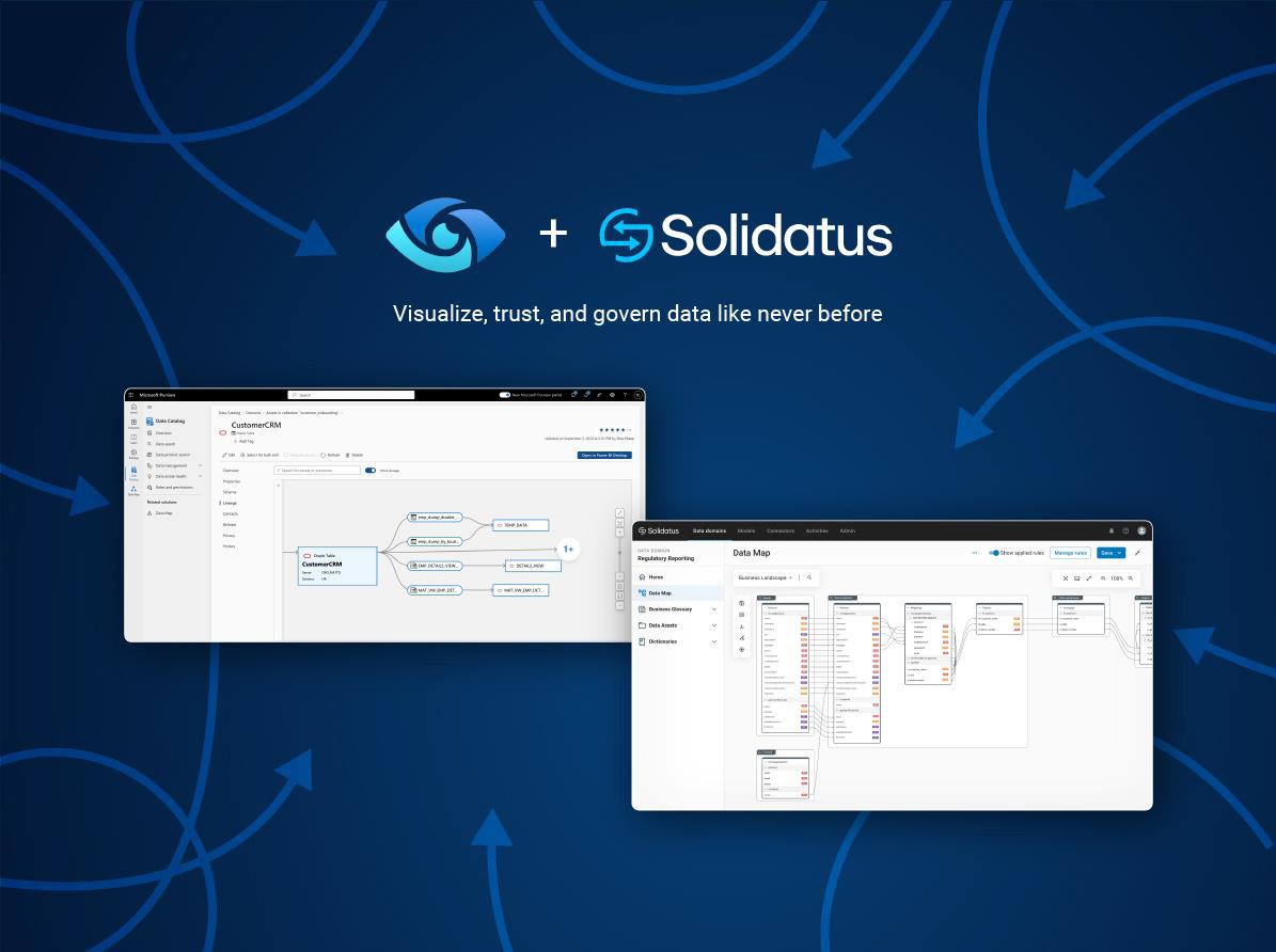 Solidatus and Microsoft Purview interfaces showing connected data maps