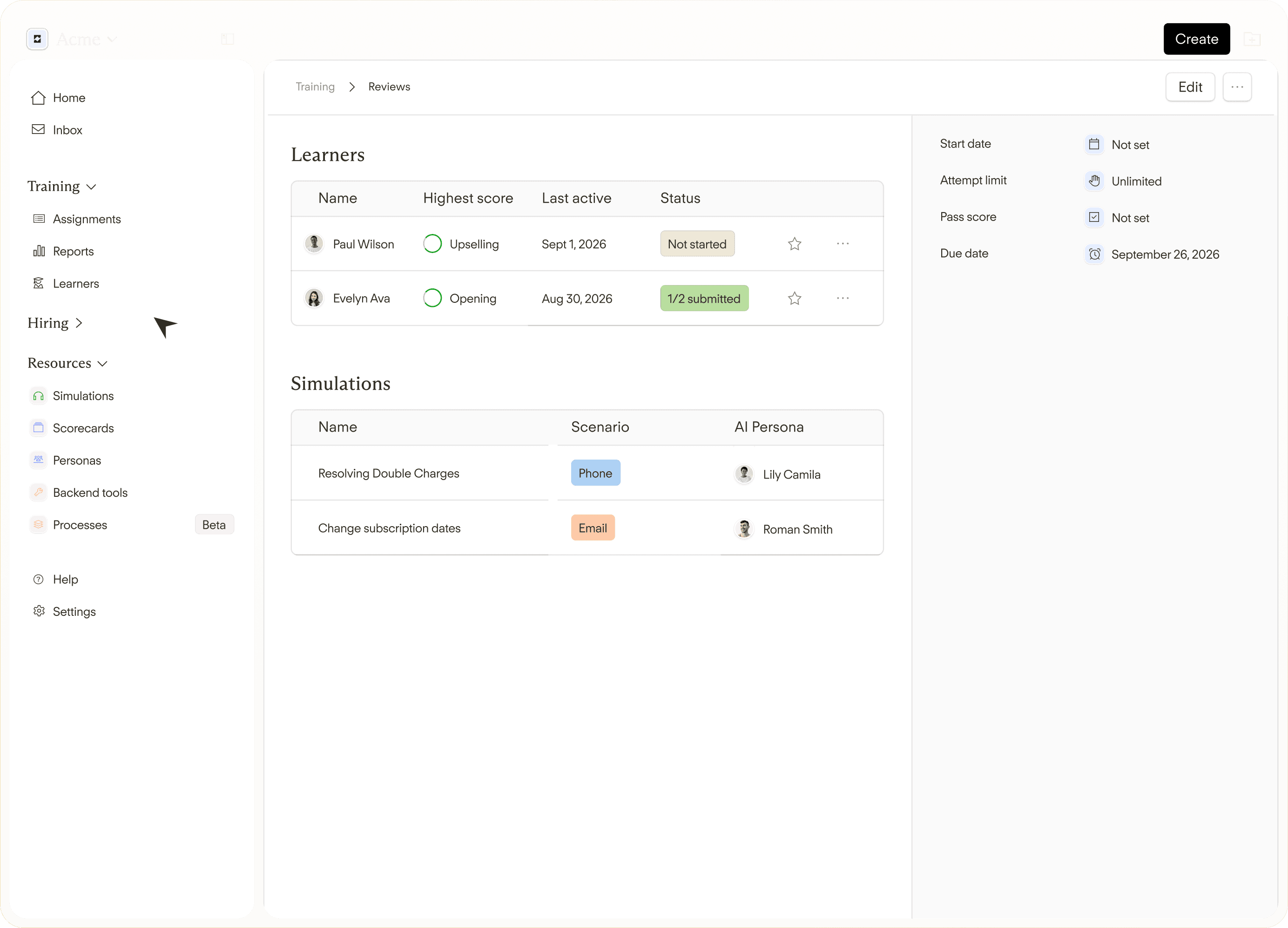 Solidroad product interface showing learners and assigned simulations