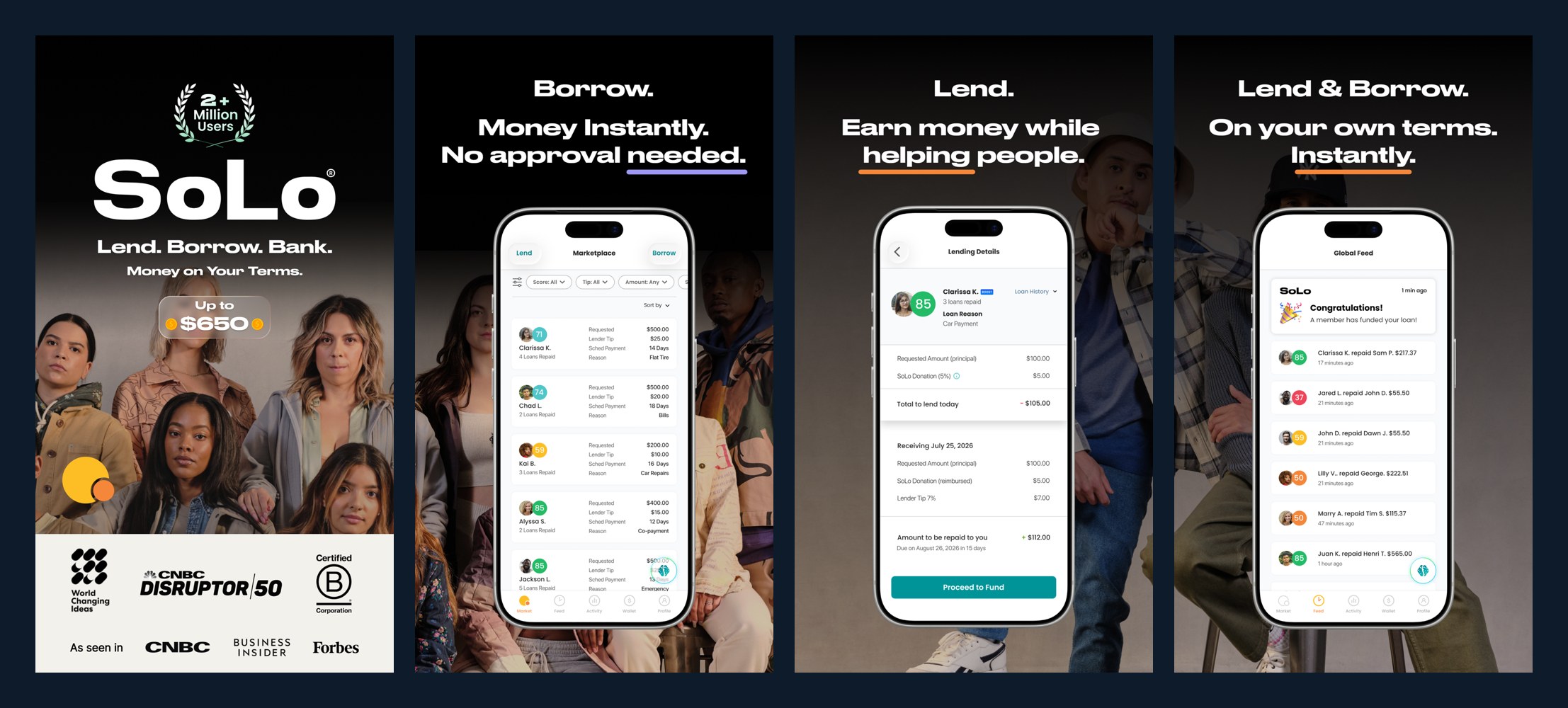 A row of SoLo Funds app screens showing borrowing, lending and wallet features