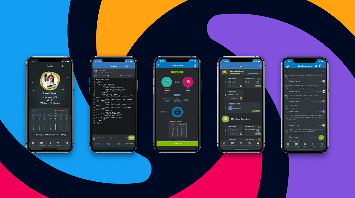 Five Sololearn app screens from 2021 showing profiles, code, challenges, lesson progress and discussion