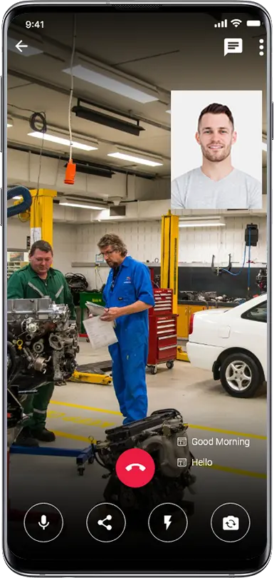 Ally remote-assistance mockup showing a workshop video call
