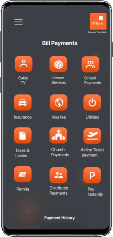 GTBank bill-payment interface mockup accompanying Solution Analysts’ Habari case study