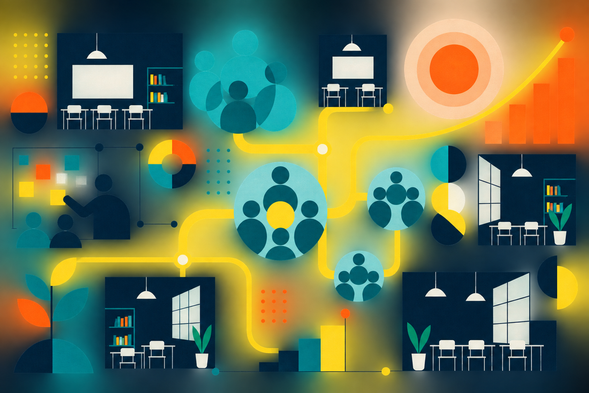 Abstract Swiss-style illustration of classrooms, educator teams and a connected path of school improvement