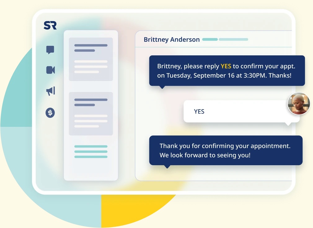 Solutionreach product illustration showing an appointment reminder, a YES reply and a confirmation