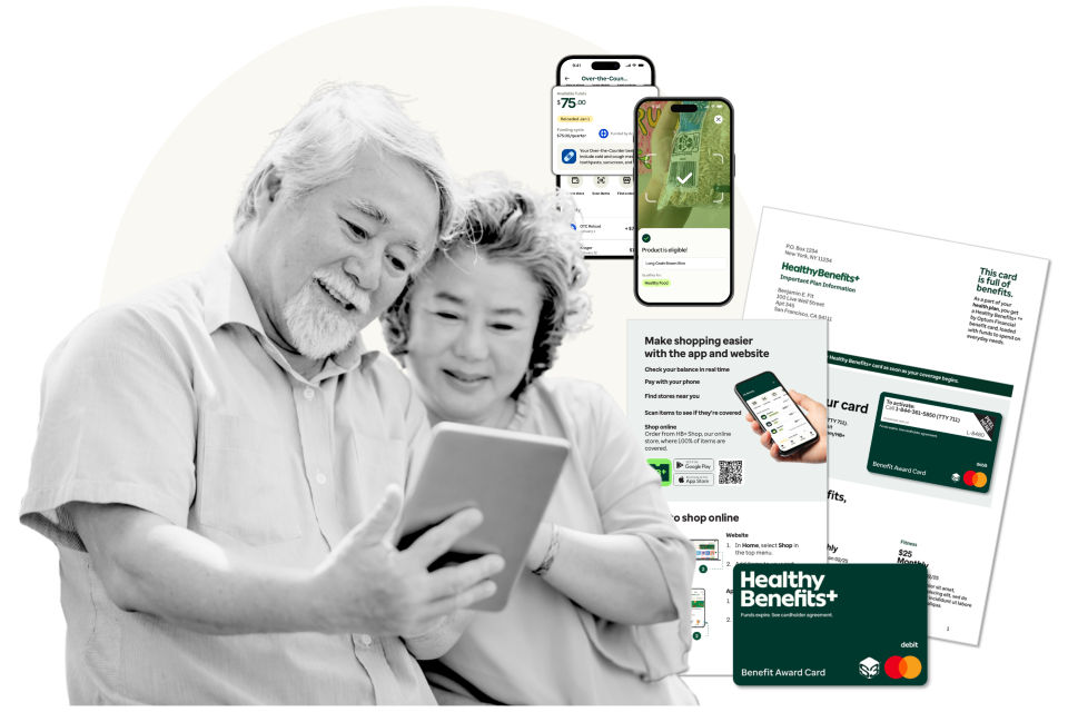Healthy Benefits+ promotional montage of app screens, a benefit card and member onboarding materials