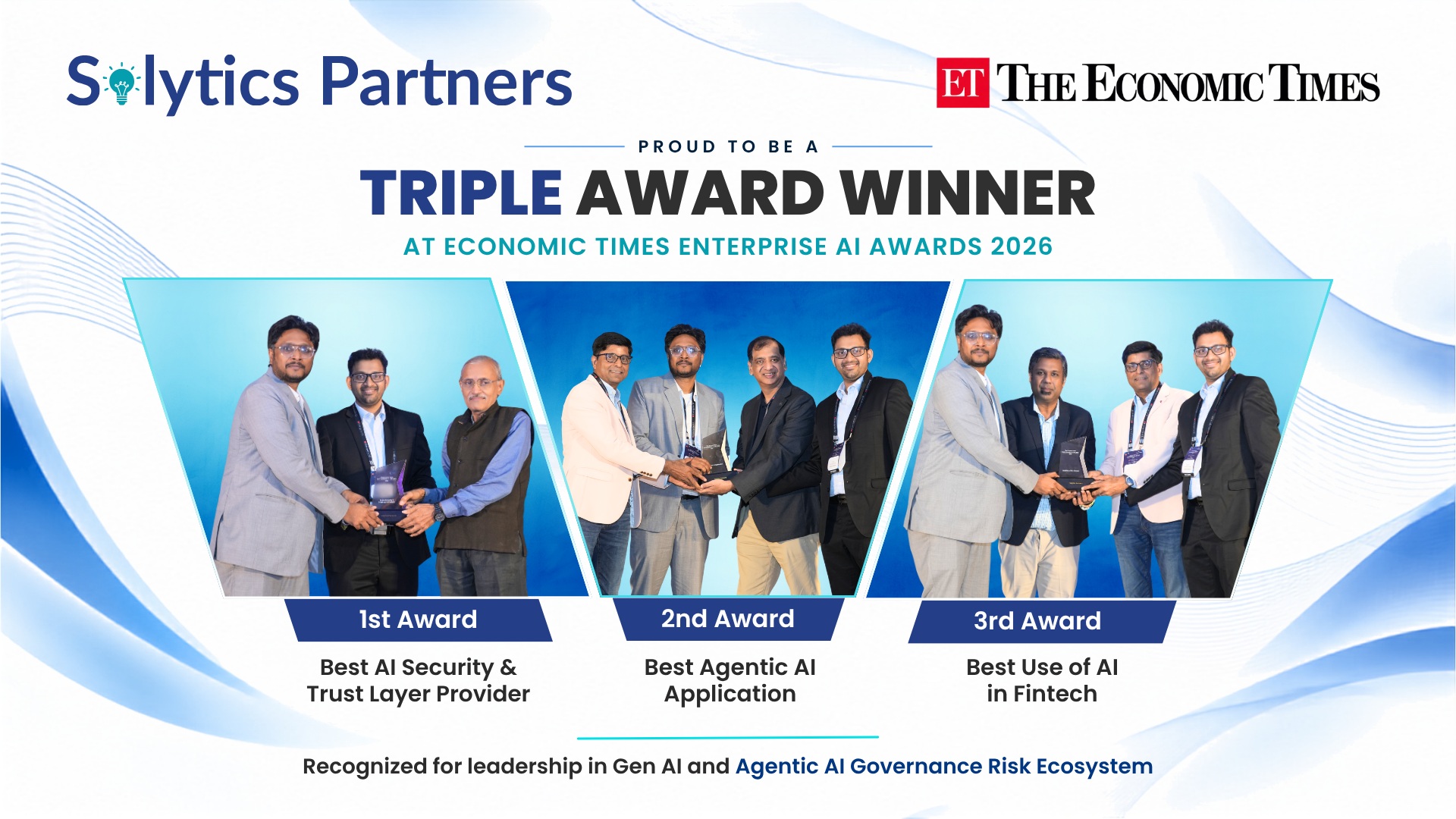 Solytics Partners team receiving three Economic Times Enterprise AI Awards in 2026