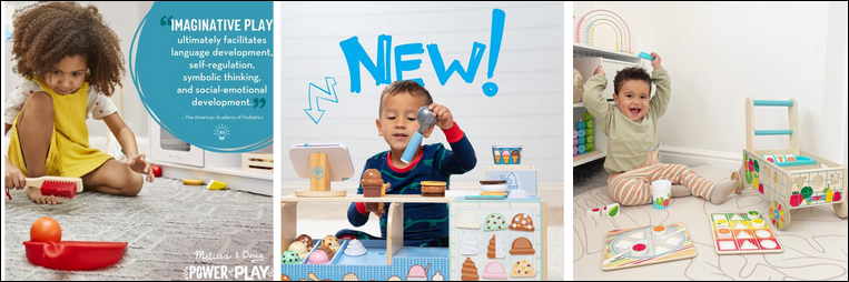 A row of colorful Melissa and Doug social campaign images showing children and wooden toys