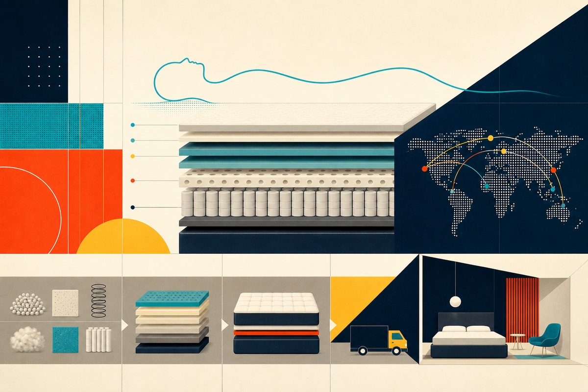Abstract Swiss-style illustration tracing mattress materials through manufacturing, delivery and the bedroom