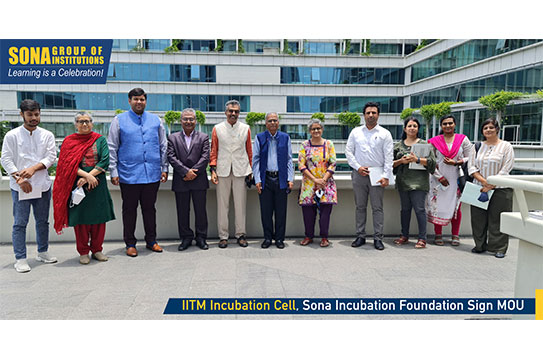 Sona and IIT Madras representatives gathered at the Sona campus for the incubation partnership signing