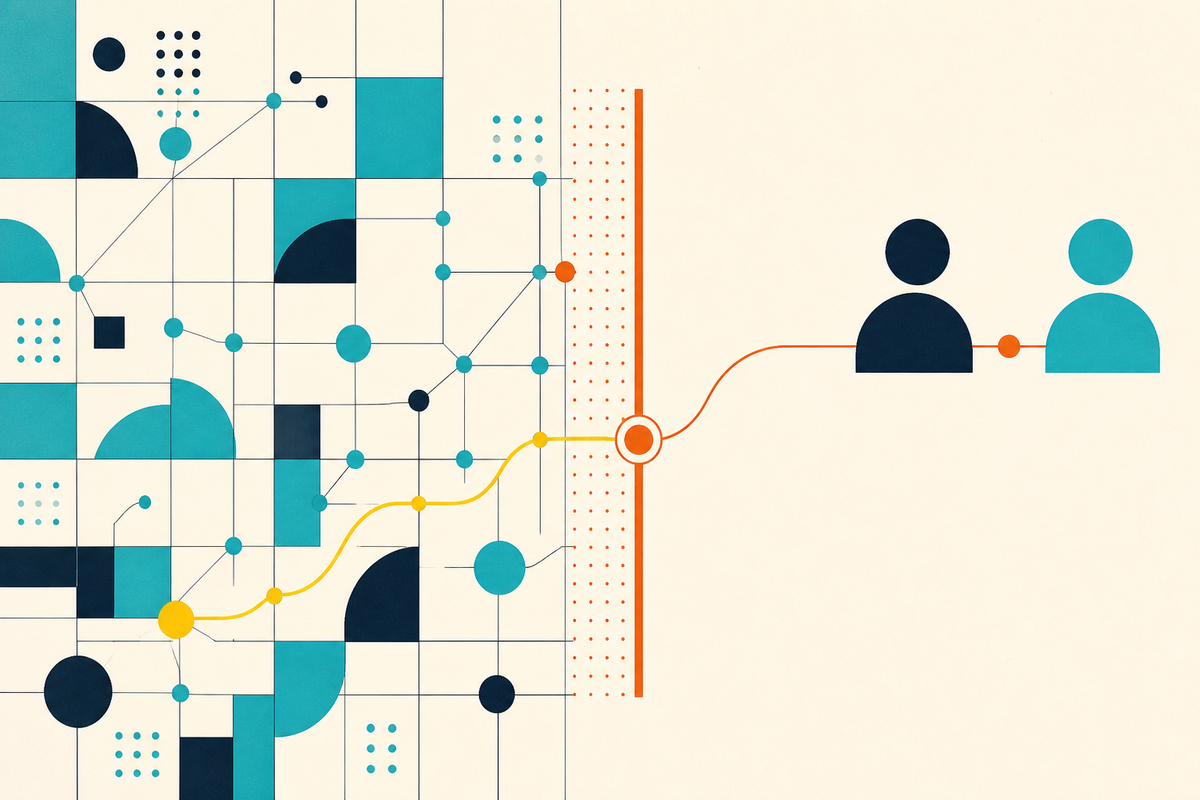 Abstract geometric network opening into a clear path between two people