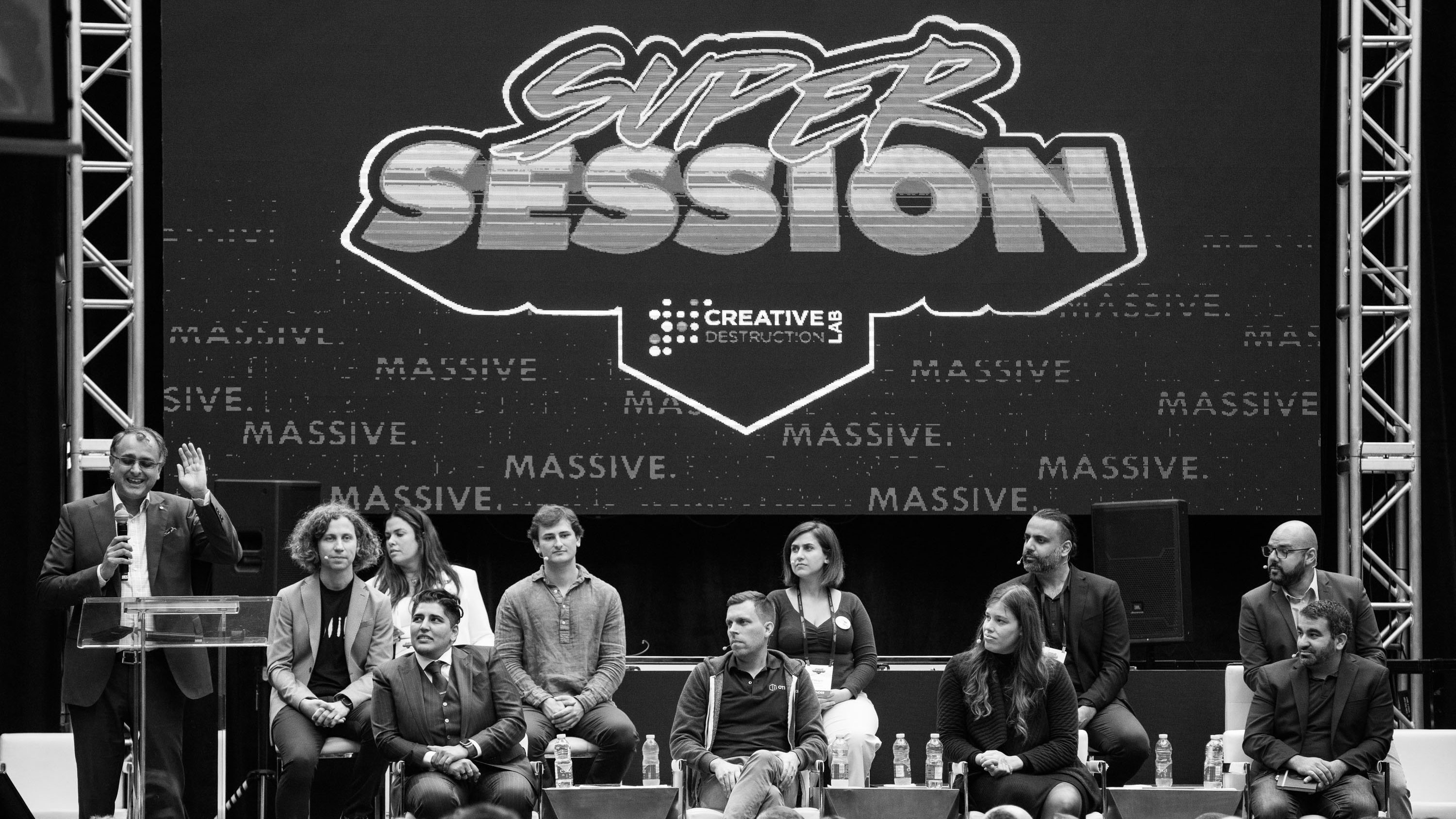 Sonia Sennik seated with participants on the Creative Destruction Lab Super Session stage