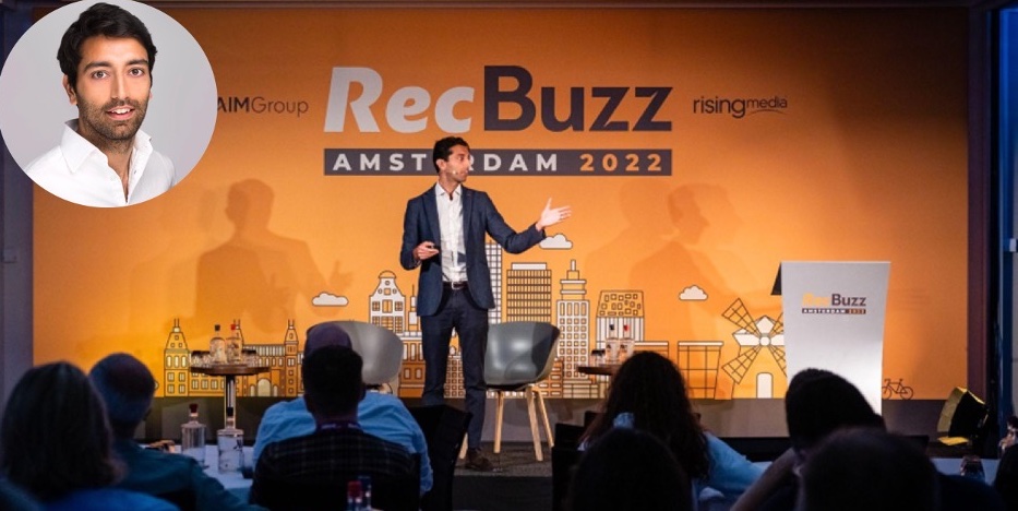 SonicJobs CEO Mikhil Raja speaking at RecBuzz Amsterdam 2022
