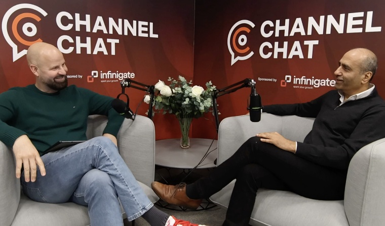 Marc Sumner, left, and Sonny Sehgal, right, seated with microphones during Channel Chat