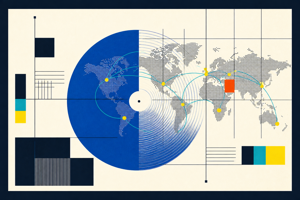 Abstract Swiss-style map showing a record, rights nodes and routes across the world