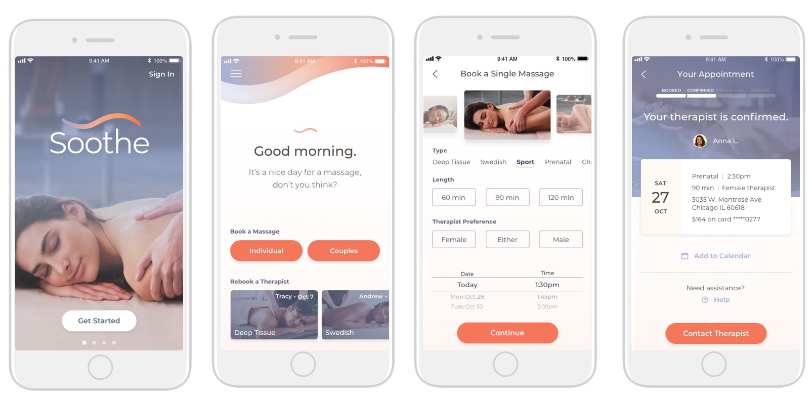 Four archival Soothe app screens showing onboarding, massage selection and appointment confirmation