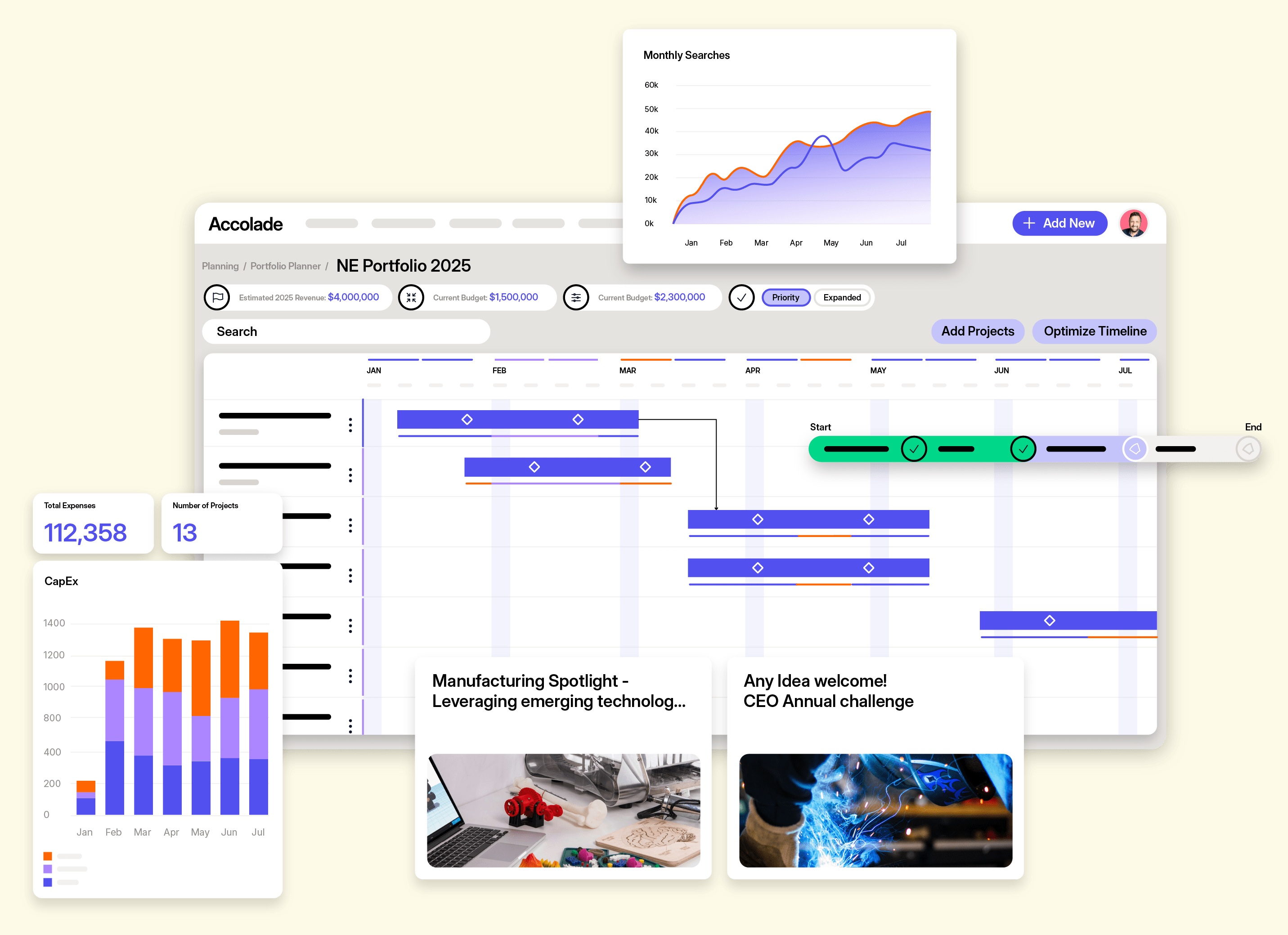 Official Accolade product illustration showing portfolio timelines, project cards and financial charts