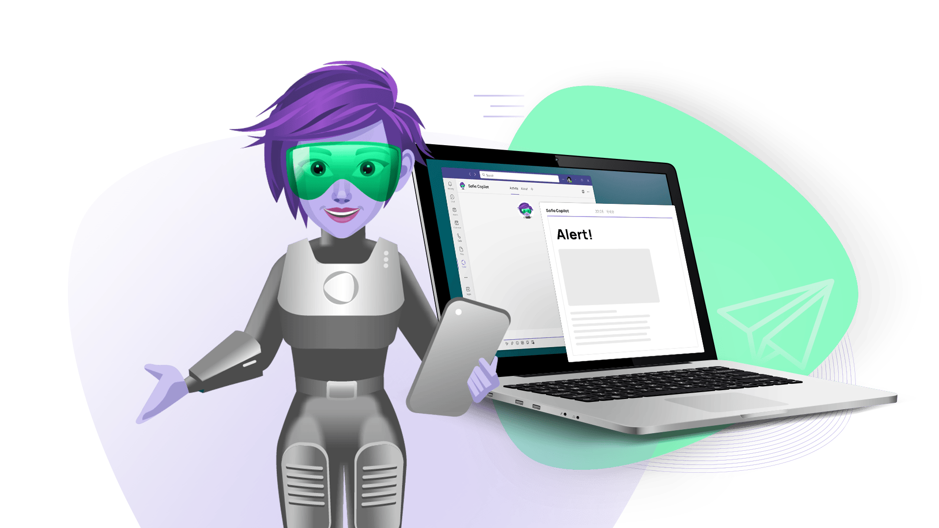 SoSafe’s 2024 Sofie copilot illustration with a Teams security alert on a laptop