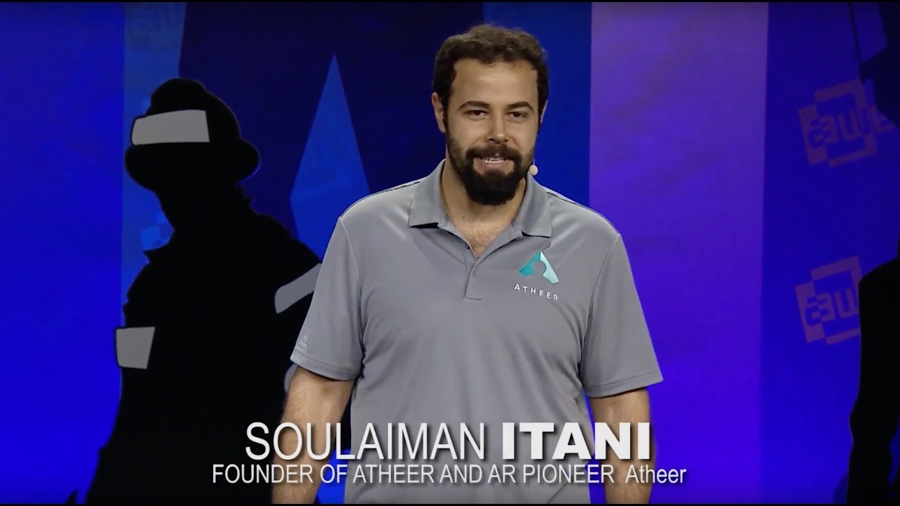 Soulaiman Itani speaking onstage at an Augmented World Expo event about enterprise augmented reality
