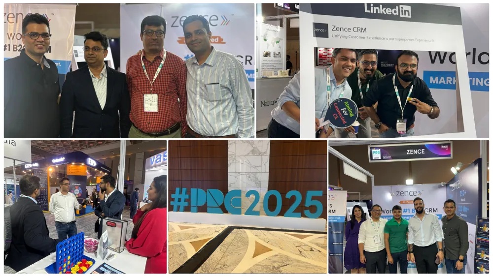 Zence team members meeting visitors and posing together at PRC 2025