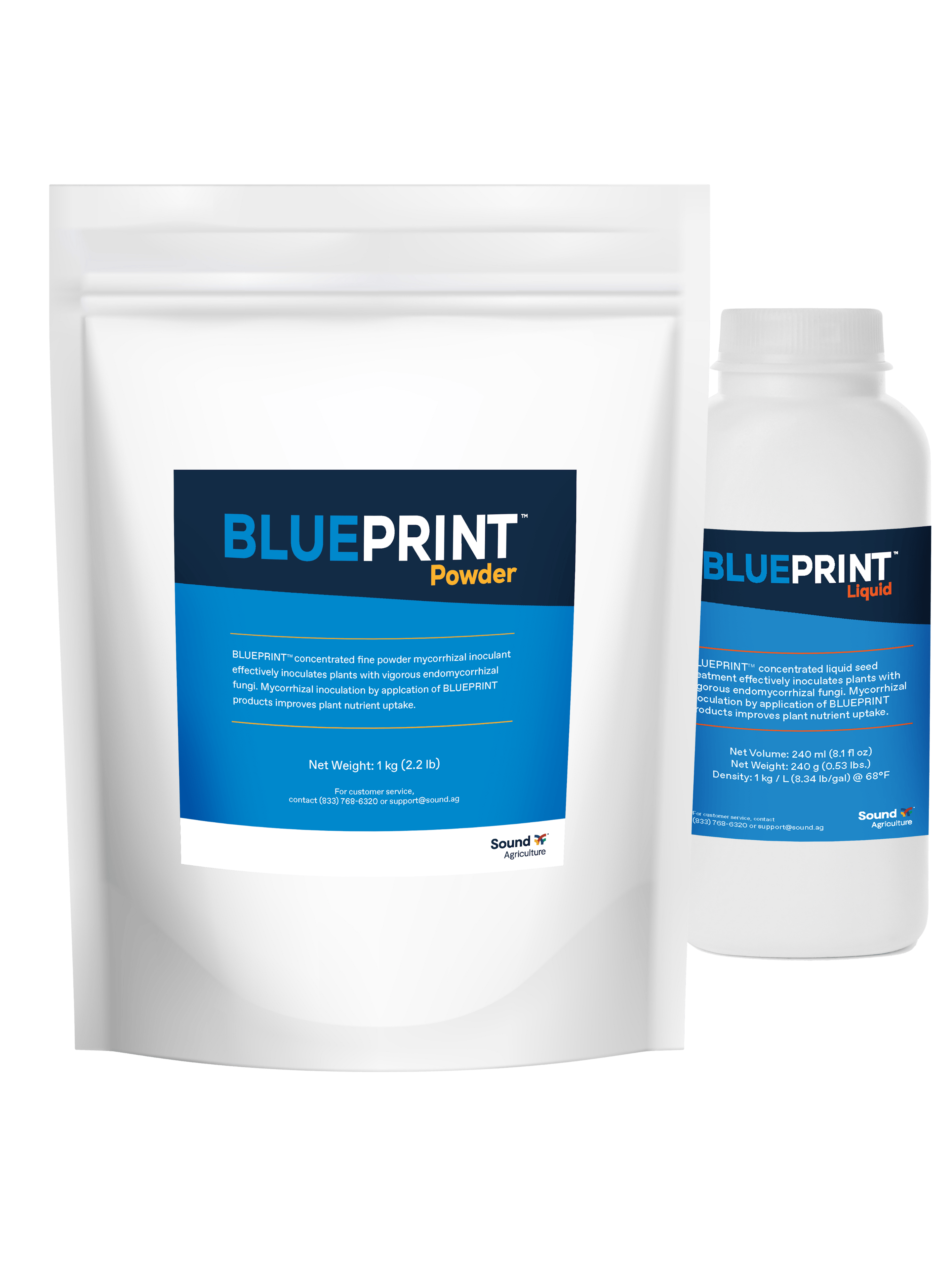 BLUEPRINT powder pouch and liquid bottle by Sound Agriculture