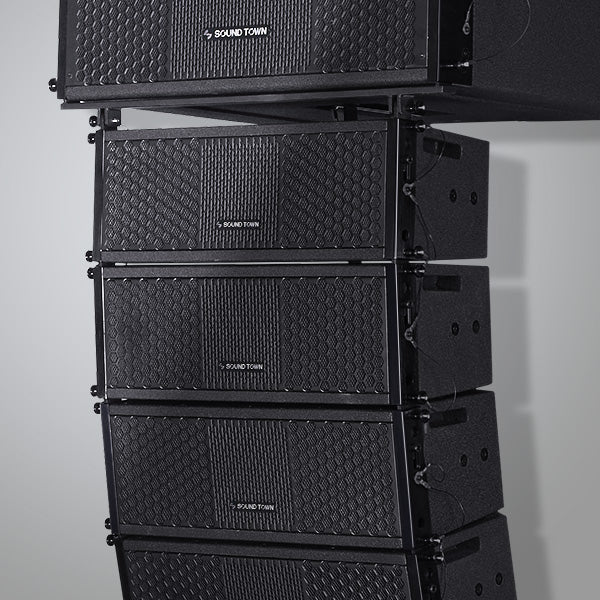 Sound Town ZETHUS line array cabinets stacked in a vertical column