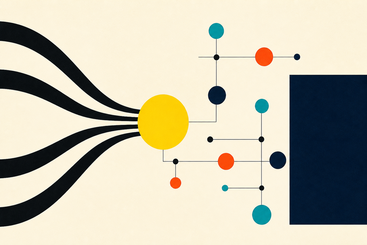 Abstract Swiss-style composition of black signal waves converging on a yellow core and branching into colored portfolio nodes