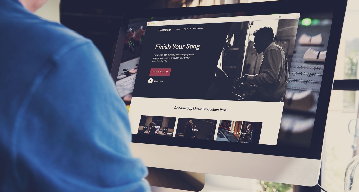 A person viewing the SoundBetter music production marketplace on a desktop monitor
