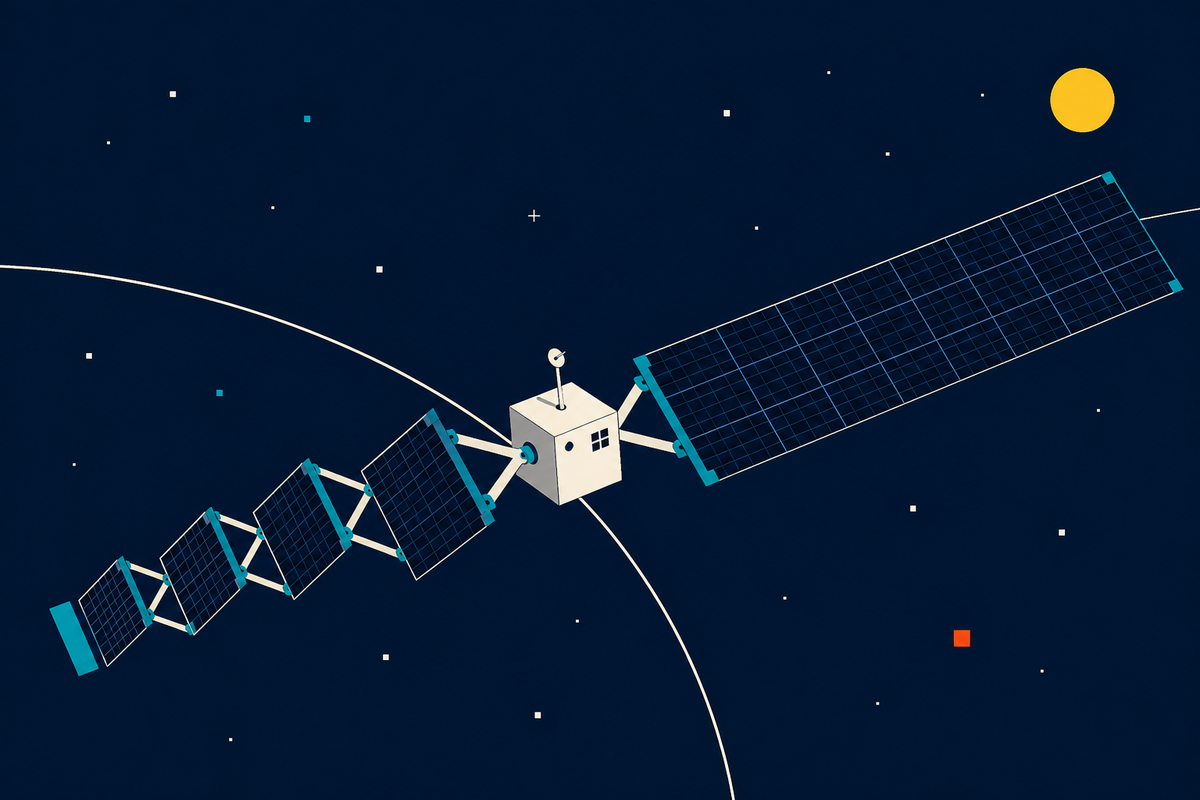 Geometric illustration of a satellite unfolding long solar wings in orbit