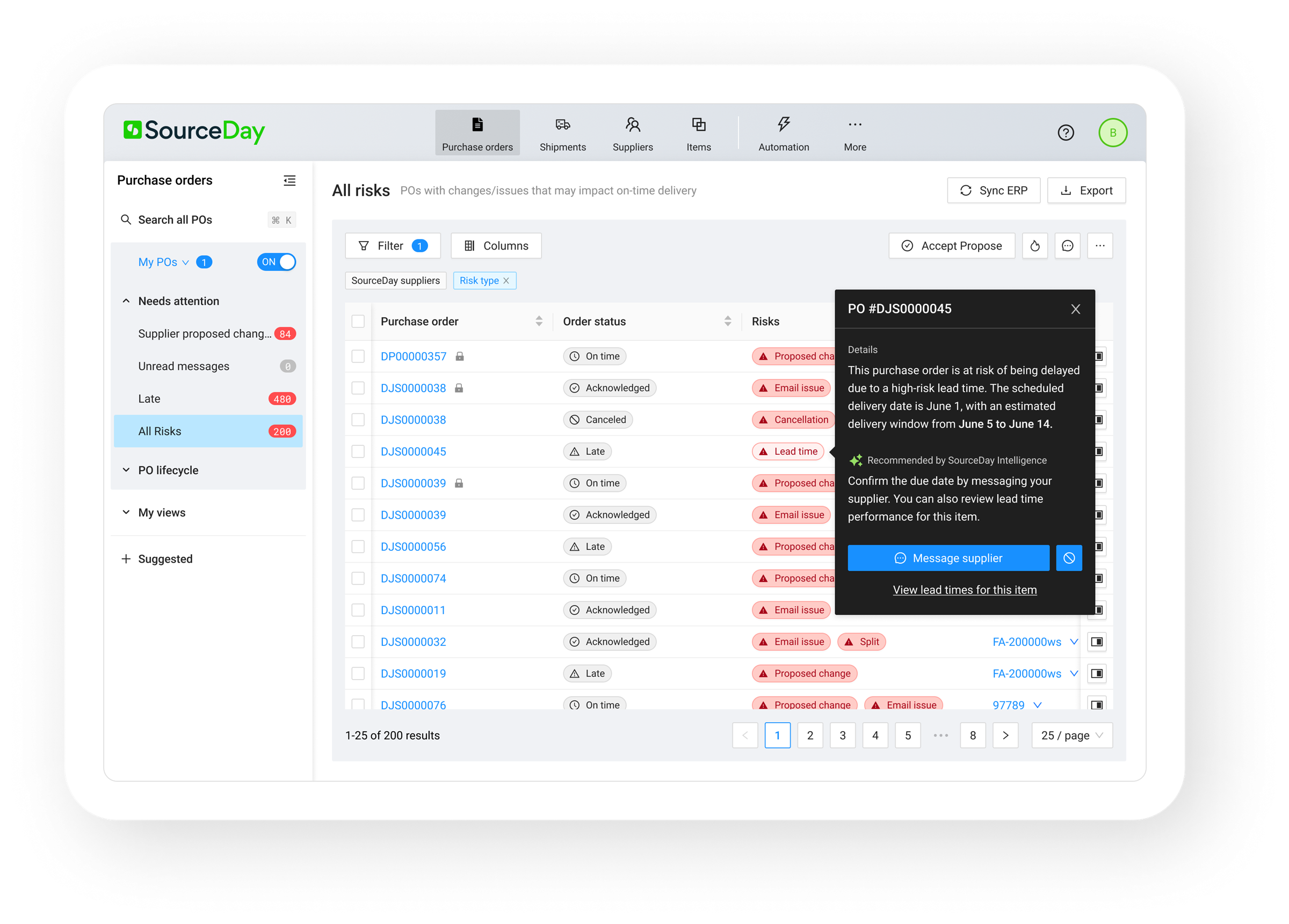 SourceDay purchase-order risk dashboard showing proposed changes, email issues and a high-risk lead-time recommendation
