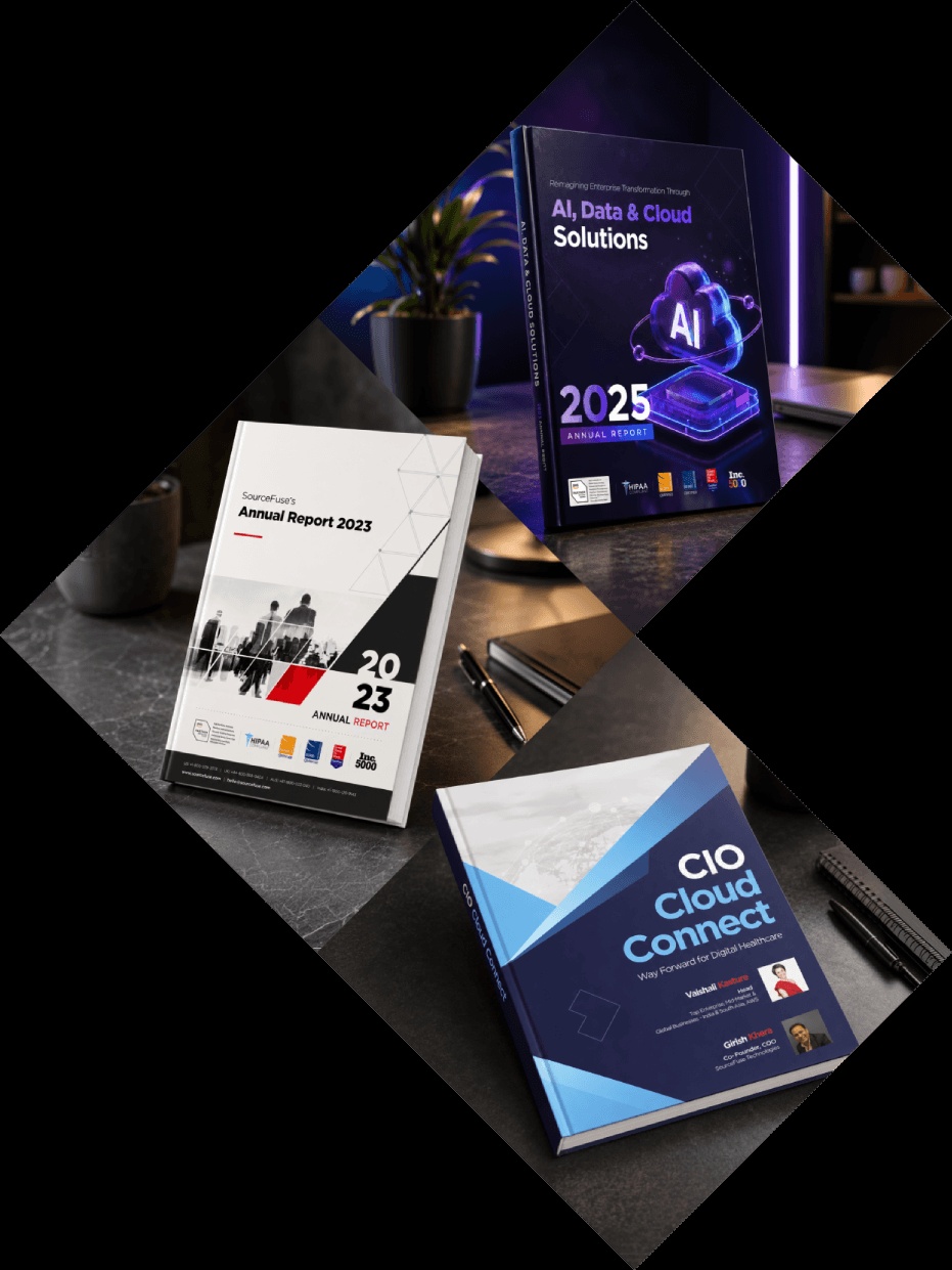 SourceFuse annual reports and a CIO Cloud Connect publication arranged as a collage