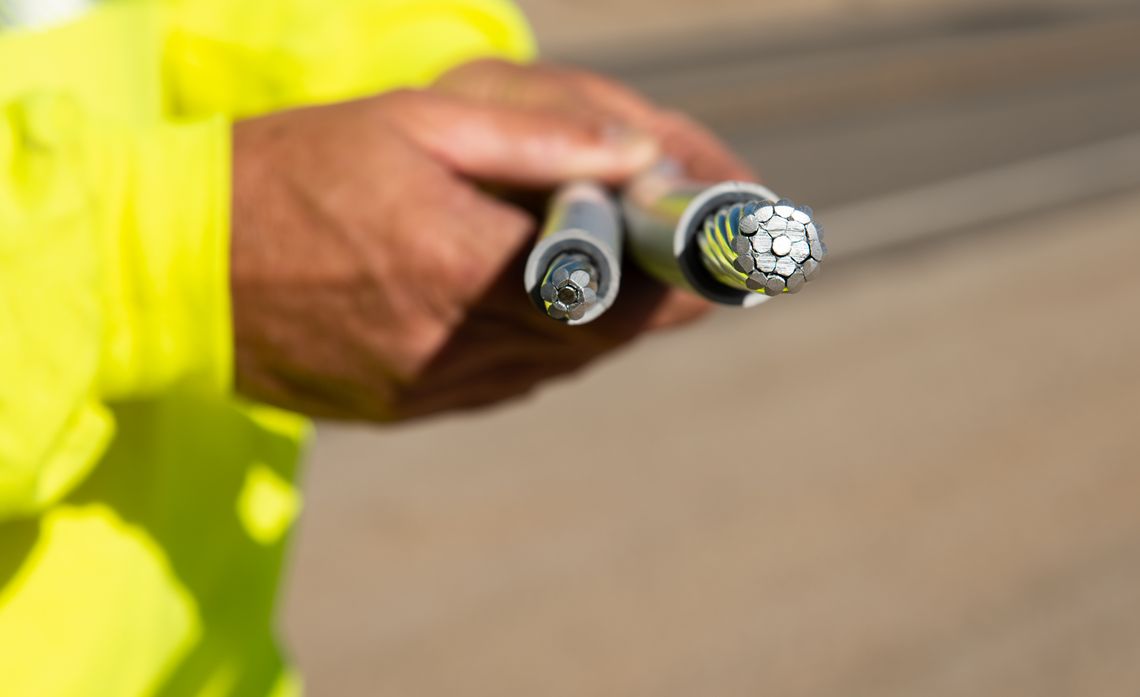Close-up of cut power cables showing their metal cores and protective outer coverings