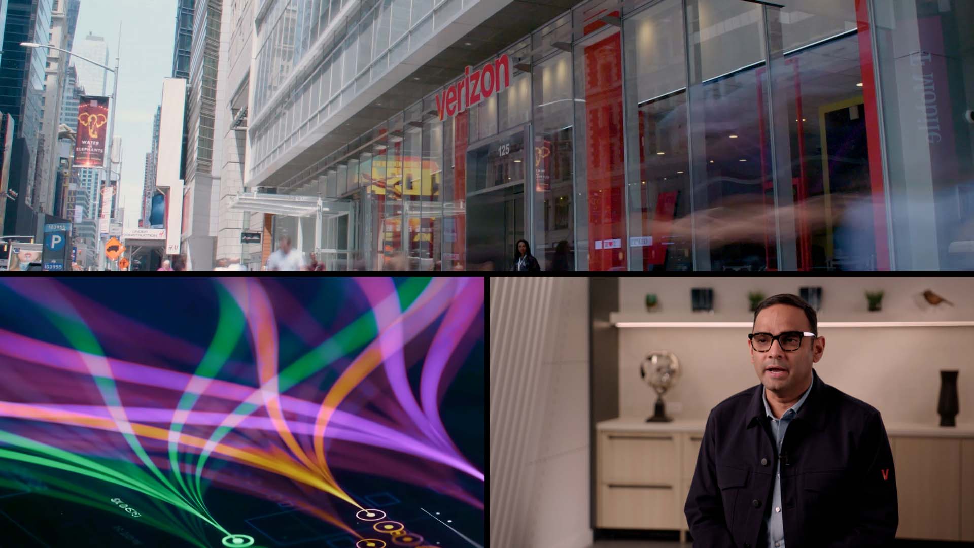 Interview montage with Verizon’s storefront, network imagery and Sowmyanarayan Sampath speaking
