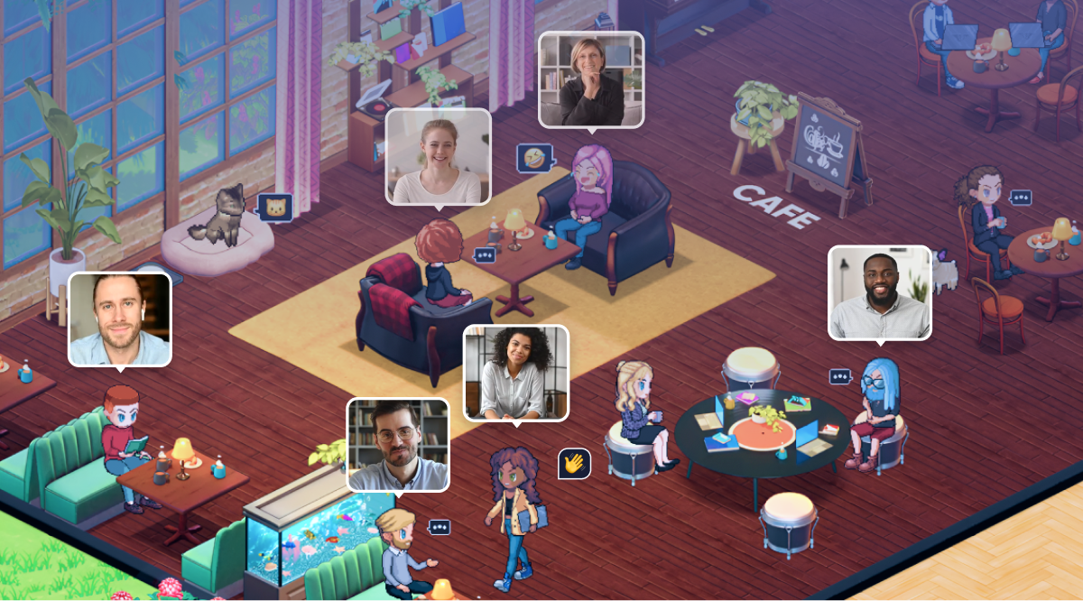 A SoWork virtual office: an isometric, video-game-style room where team members appear as avatars with live video bubbles floating over cafe tables, couches, and desks.