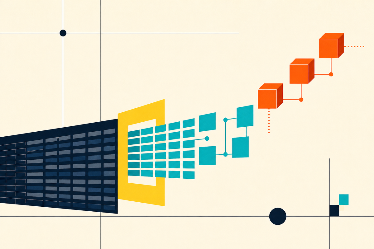 Abstract geometric illustration of a dark data grid passing through a yellow frame and emerging as connected teal and orange blocks