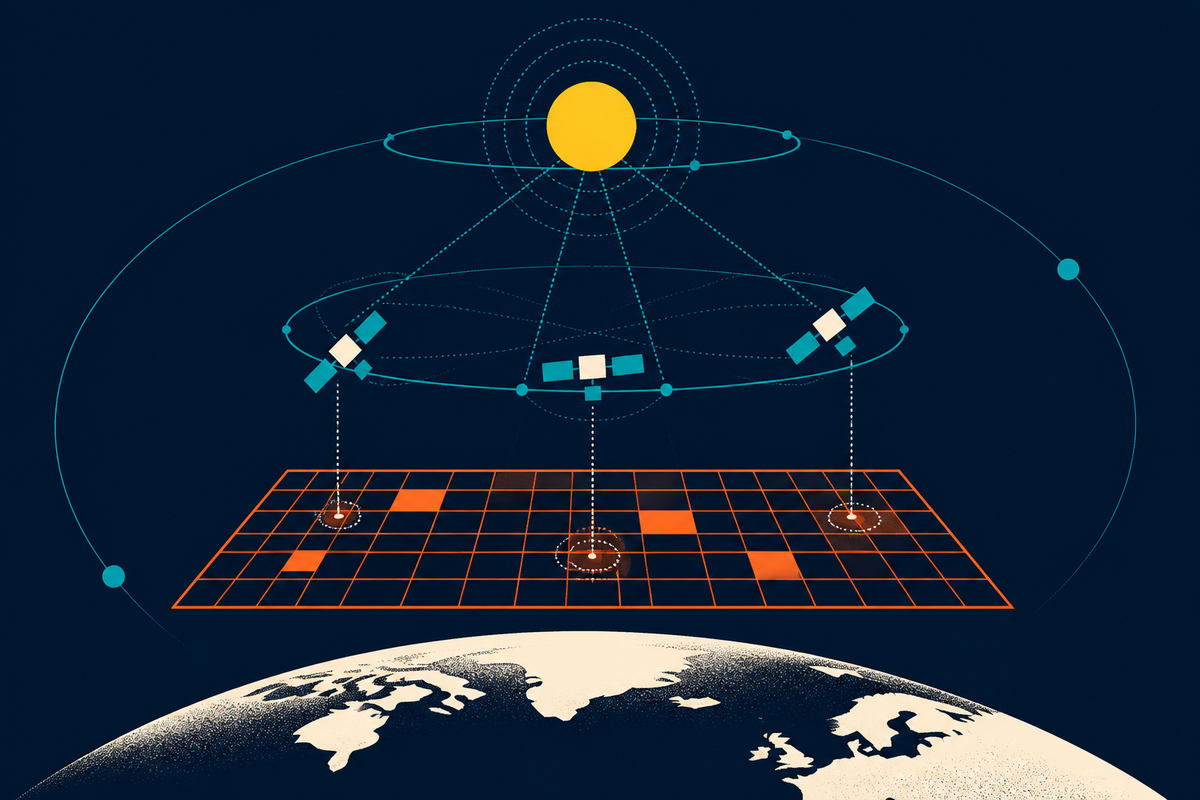 Abstract Swiss-style illustration of satellites connecting orbital signals to a terrestrial grid