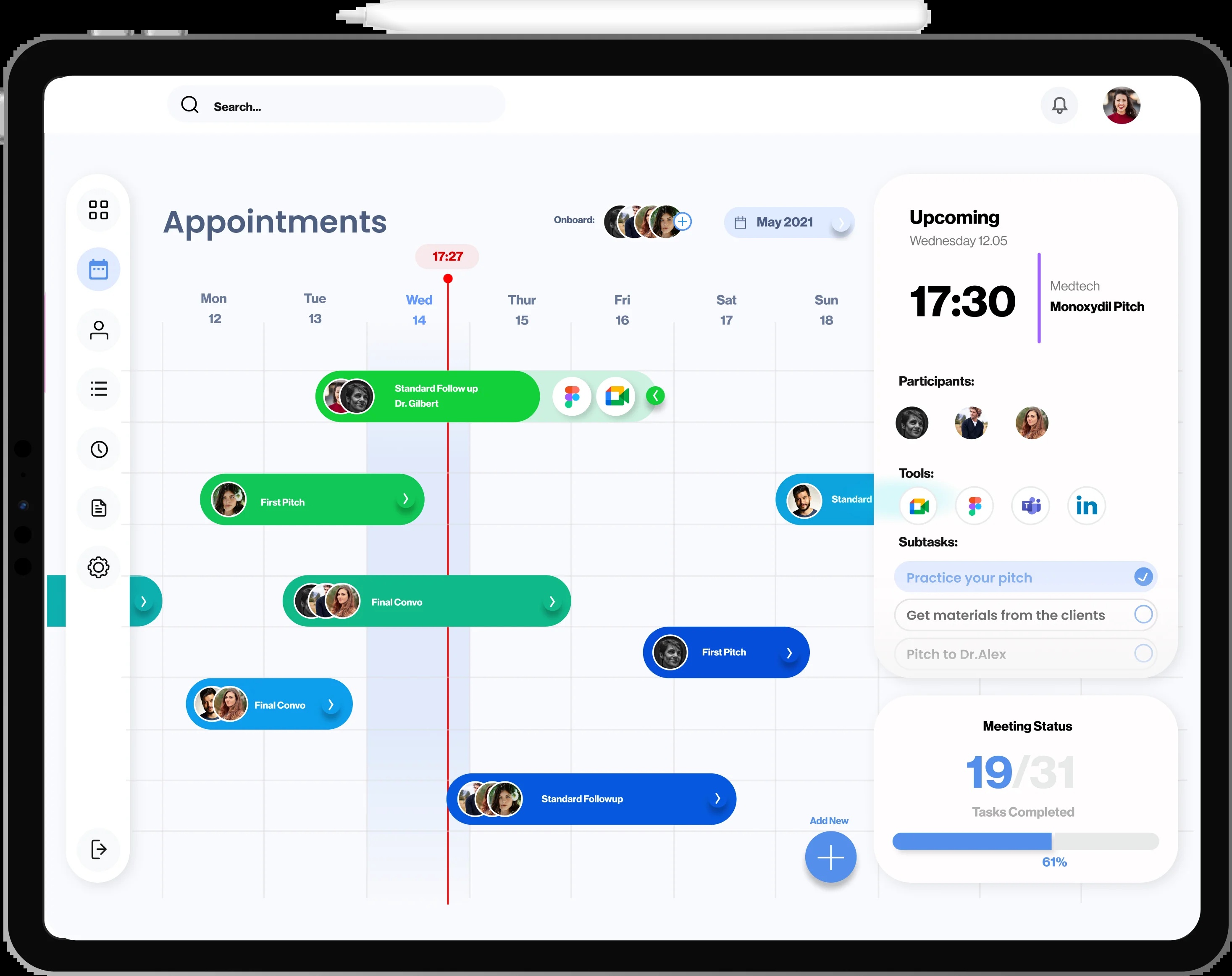 SmartRep product mockup showing an appointments calendar and pitch preparation tasks