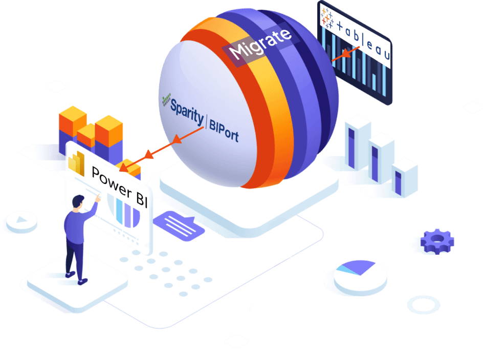 Sparity illustration of BIPort moving reporting between Tableau and Power BI