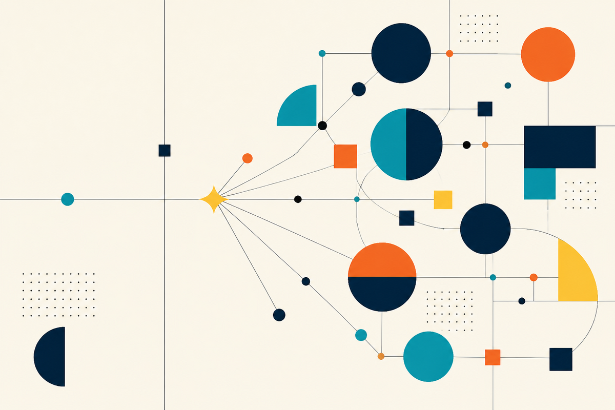 Abstract Swiss-style network of circles, lines and geometric shapes expanding from a yellow spark