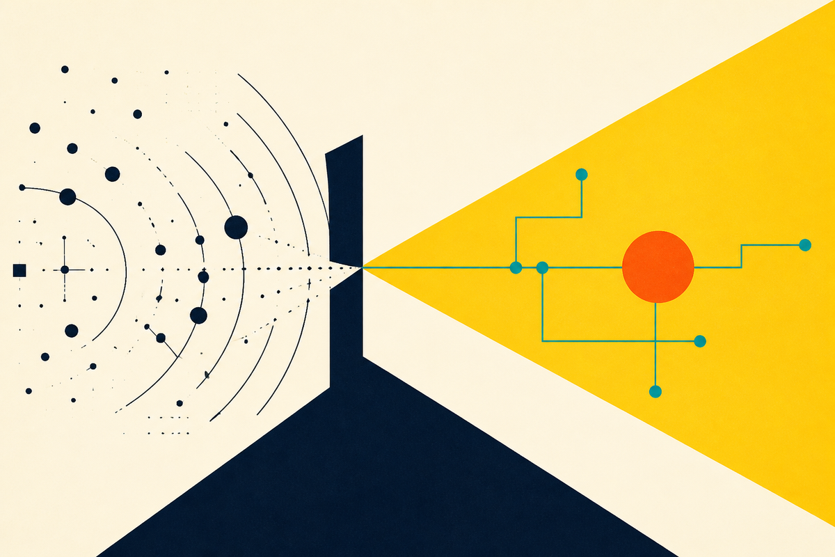 Abstract Swiss-style illustration in which scattered signals pass through a narrow aperture and become an organized network