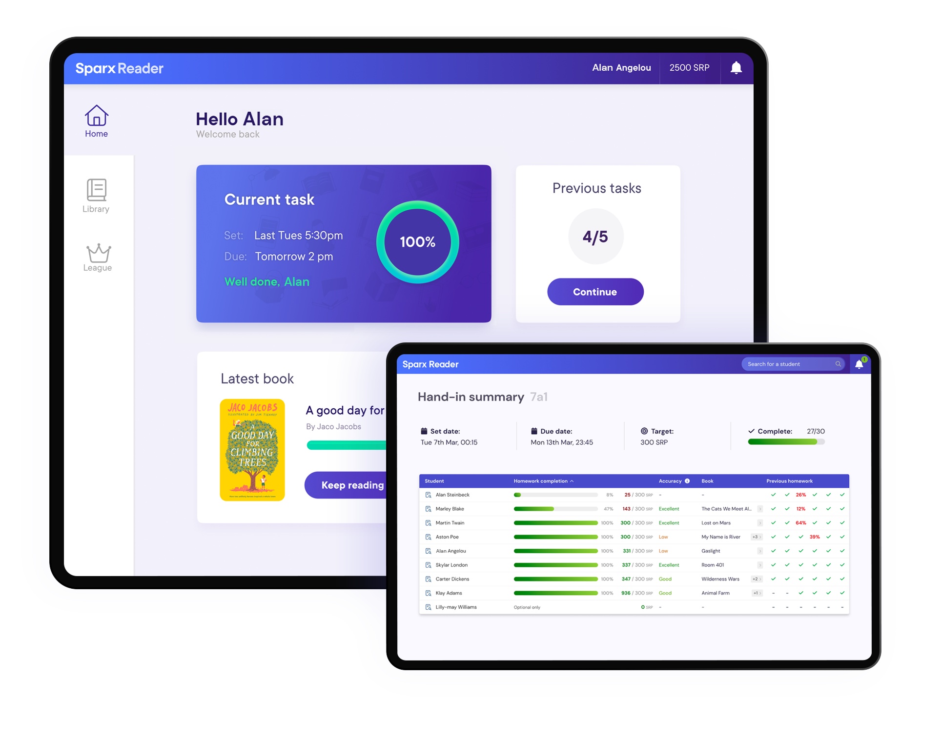 Sparx Reader demonstration showing a student’s reading task and a teacher’s hand-in dashboard