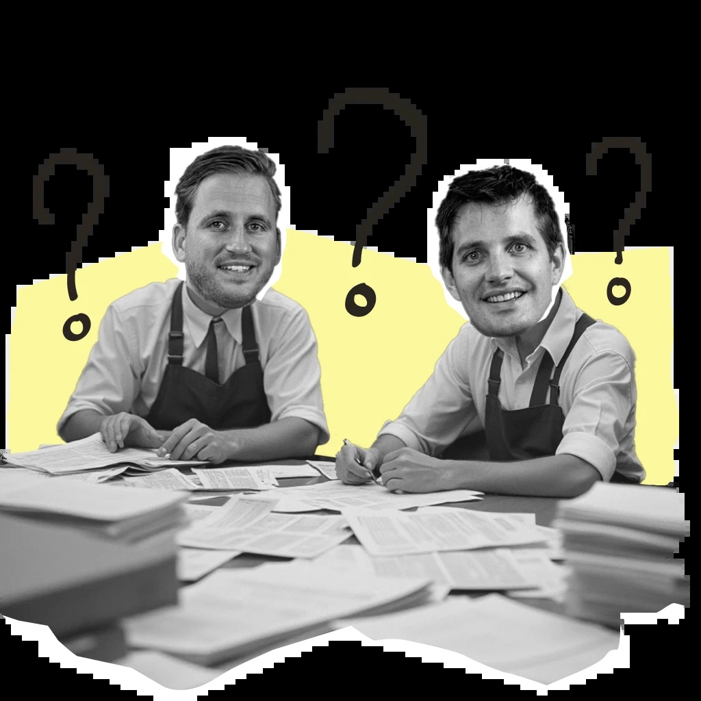 Speakap’s company illustration of its two founders in supermarket aprons, surrounded by paperwork