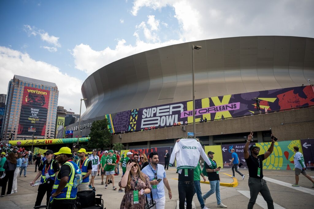 Crowds outside Caesars Superdome during Super Bowl LIX in New Orleans