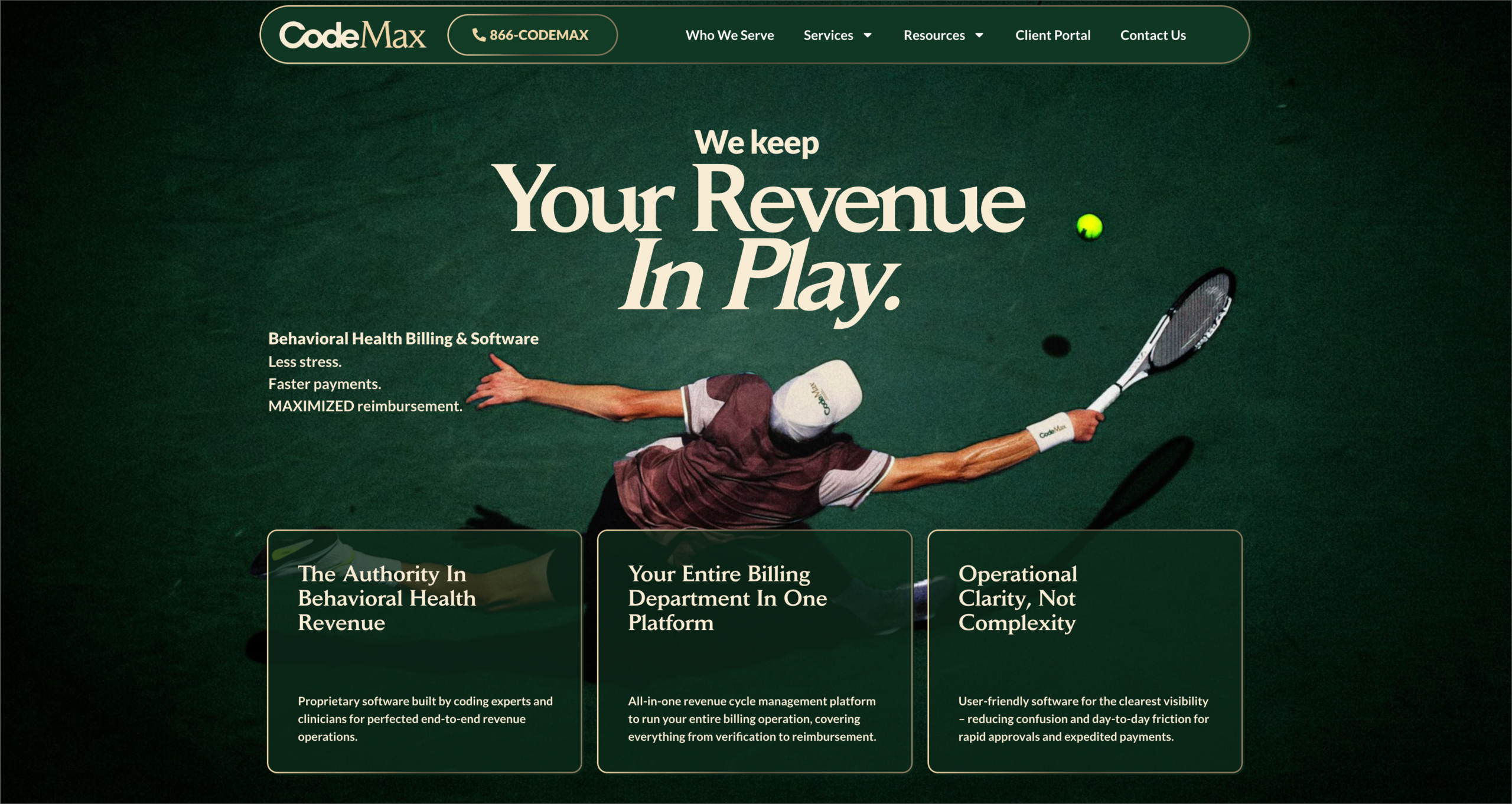 CodeMax website design with a green tennis court, a player reaching for a ball and cream typography