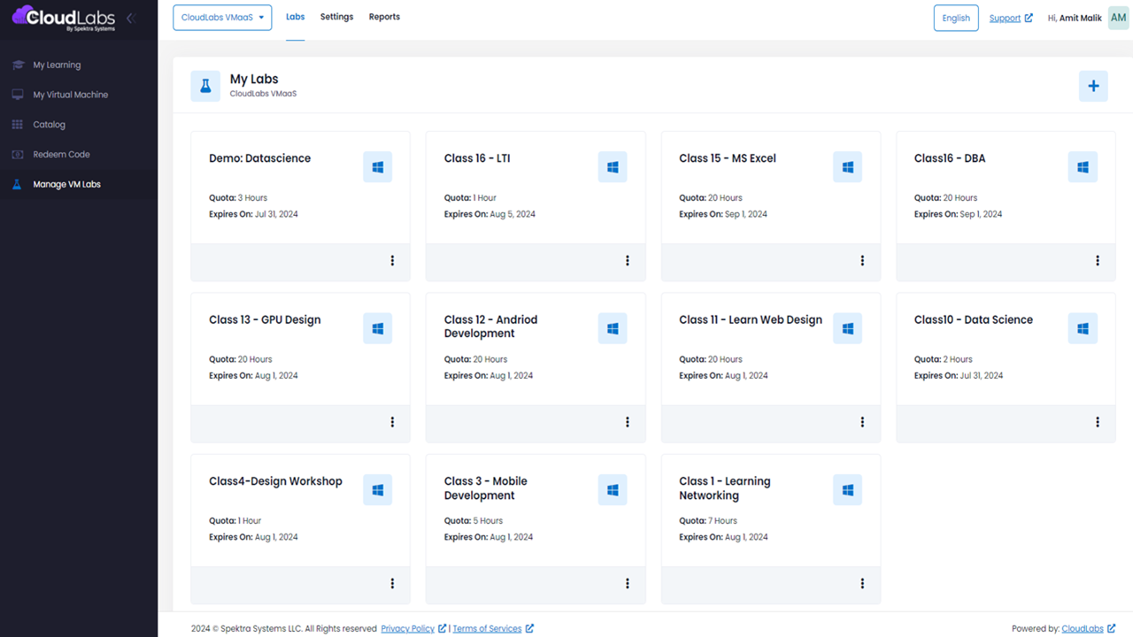 CloudLabs VM Labs interface showing class environments, usage quotas and expiry dates