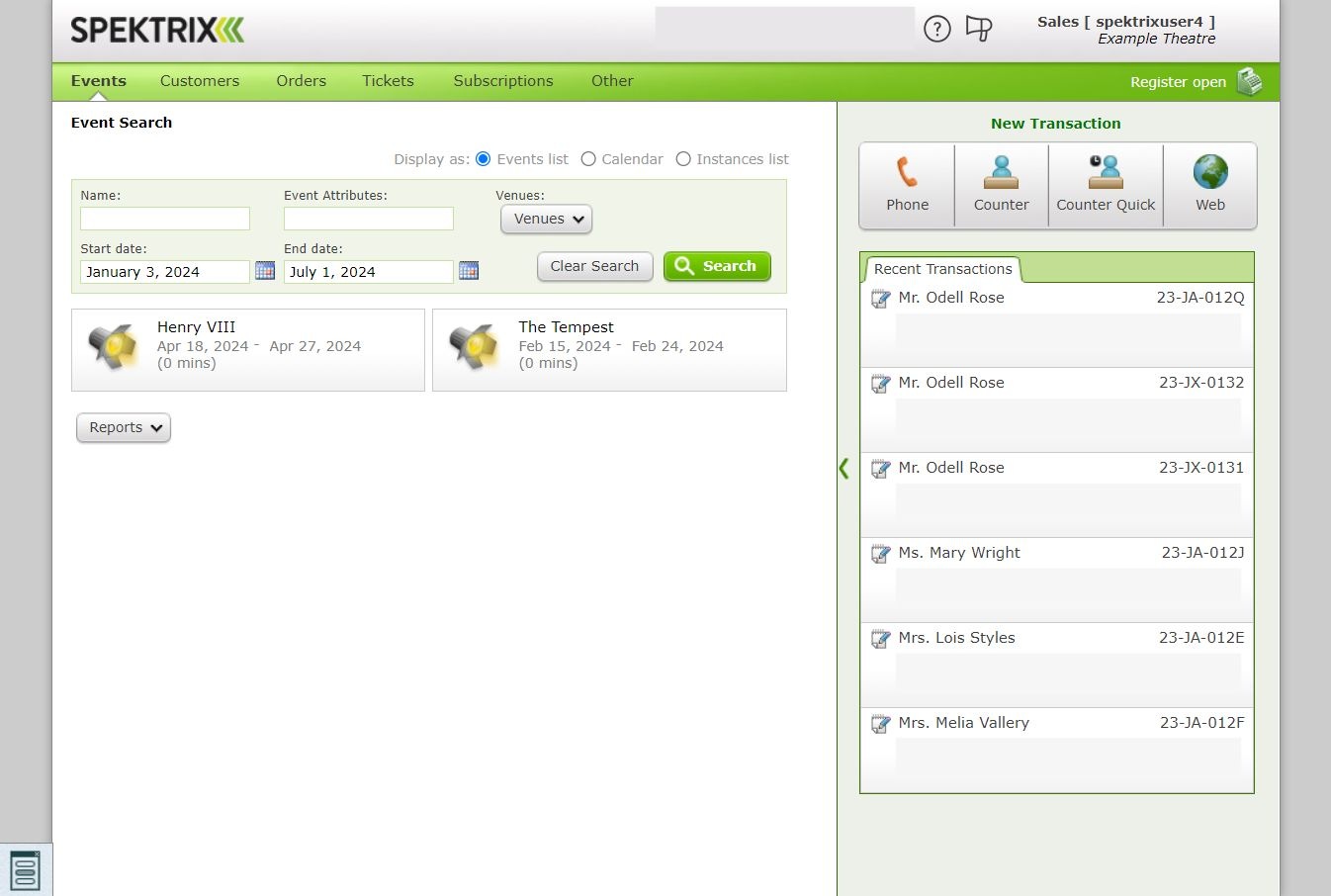 Spektrix documentation screenshot showing event search and transaction options