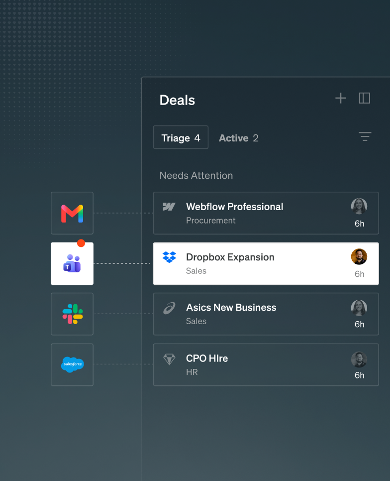 Spellbook intake view collecting deals from Gmail, Teams, Slack and Salesforce