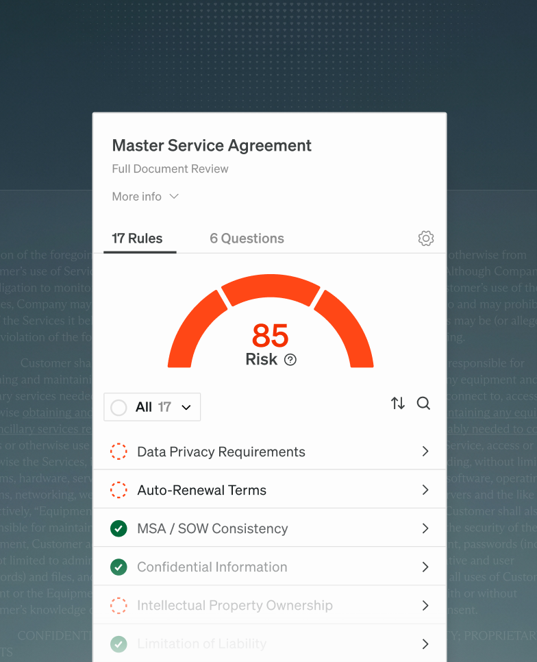 Spellbook review interface showing contract risk and playbook rules