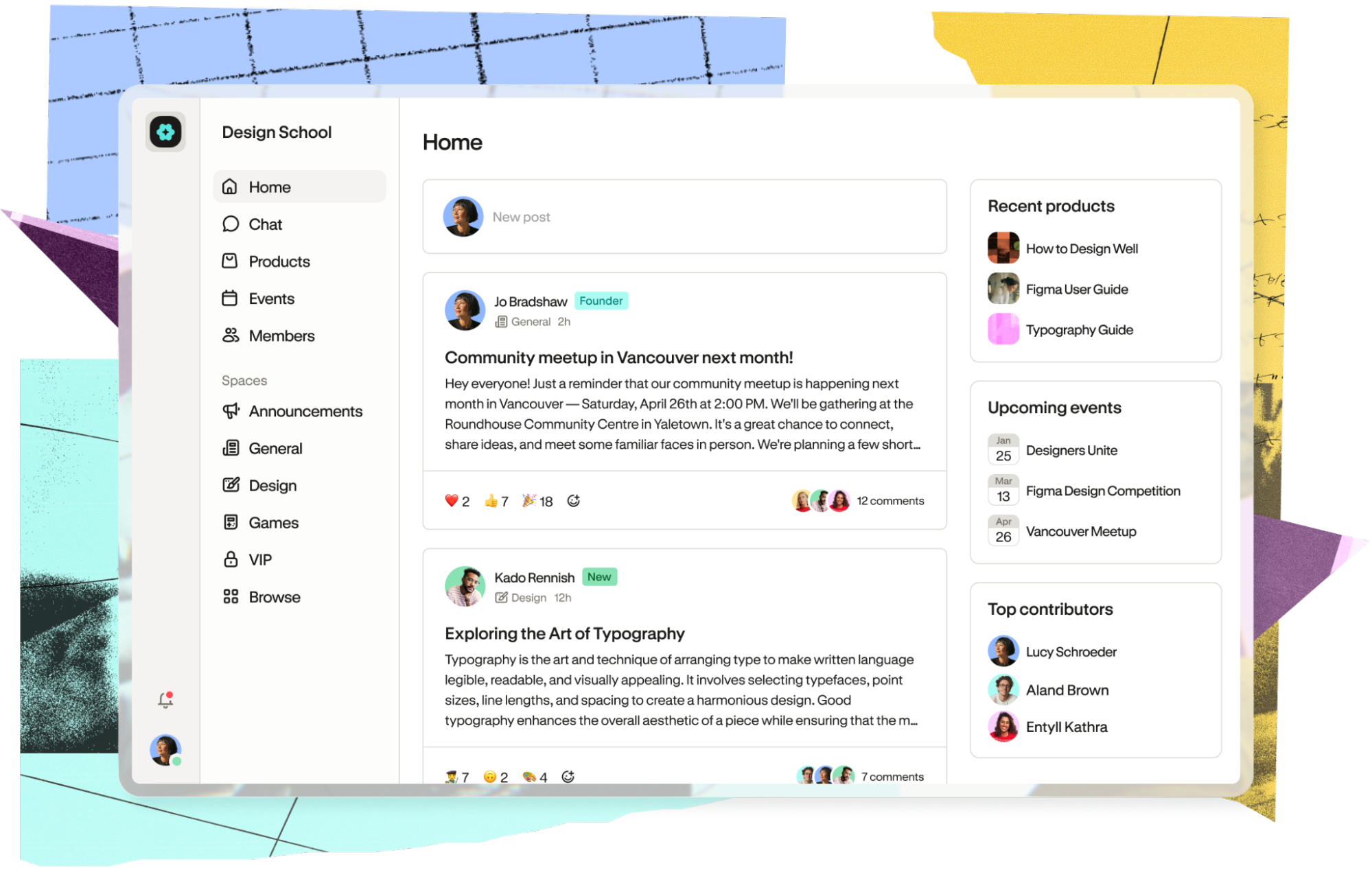 Podia’s redesigned community interface, with spaces and a shared home feed