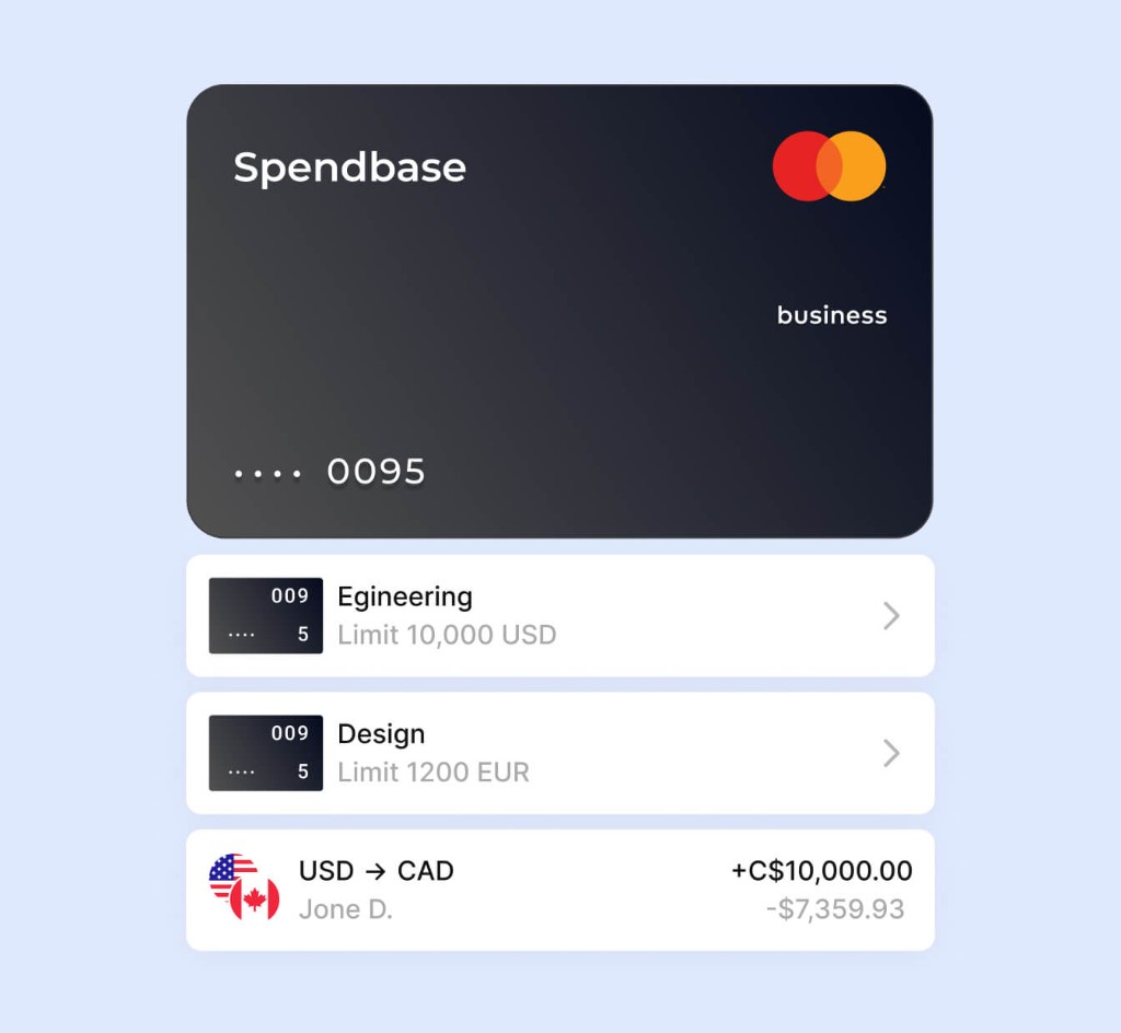 Spendbase product illustration showing a business card and separate Engineering and Design spending limits
