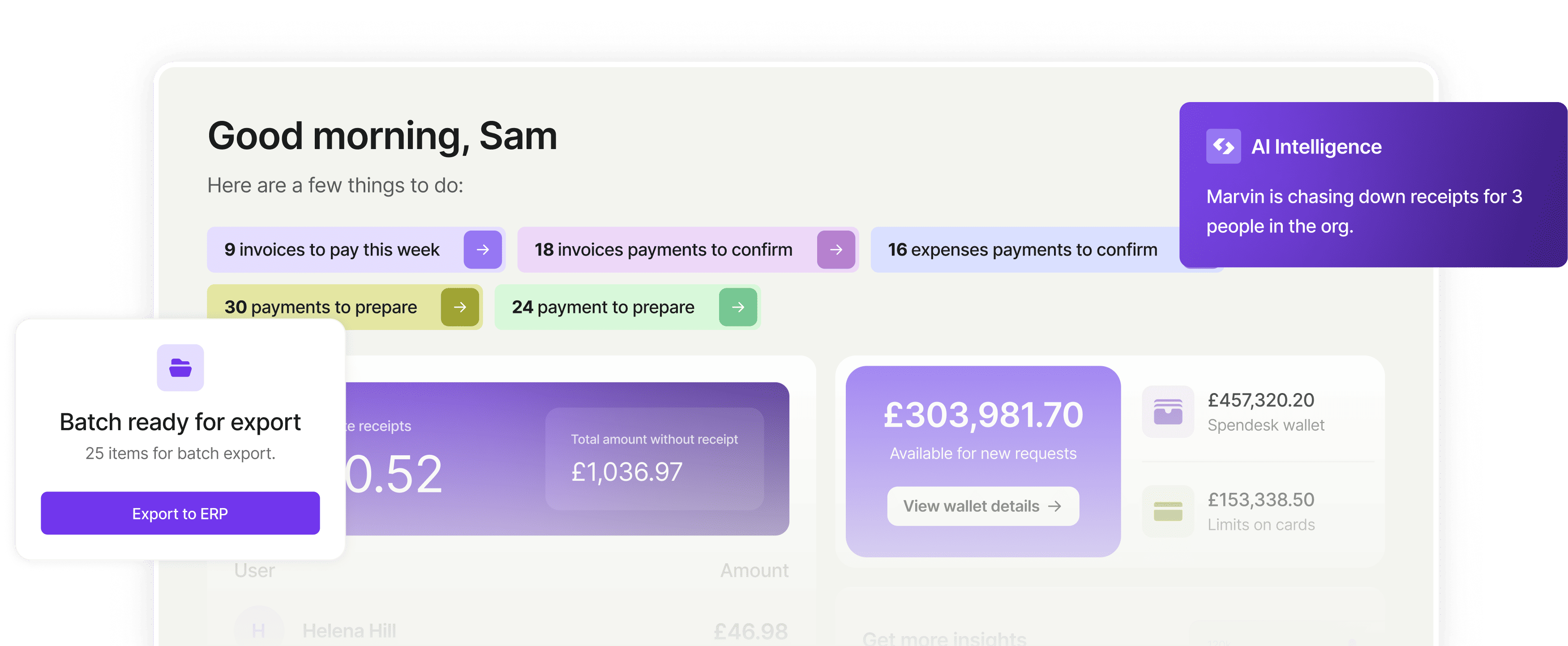 Spendesk dashboard showing invoices, payments, wallet balances and an AI receipt reminder